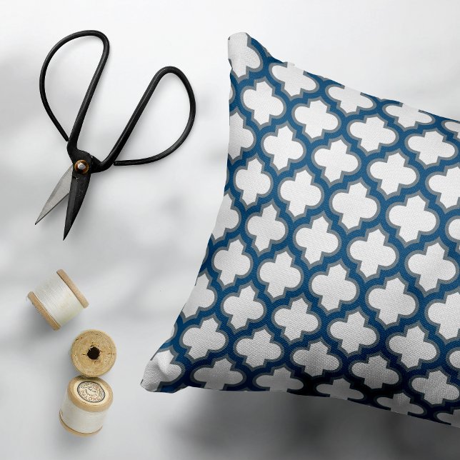 White and Navy Blue Trellis, Lattice, Quatrefoil Decorative Cushion (Creator Uploaded)