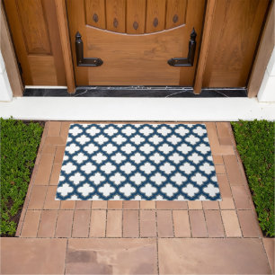 White and Navy Blue Trellis, Lattice, Quatrefoil Doormat