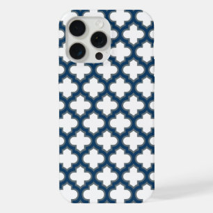 White and Navy Blue Trellis, Lattice, Quatrefoil iPhone 15 Pro Max Case
