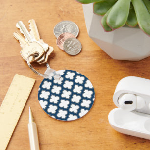 White and Navy Blue Trellis, Lattice, Quatrefoil Key Ring