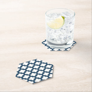 White and Navy Blue Trellis, Lattice, Quatrefoil Paper Coaster