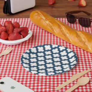 White and Navy Blue Trellis, Lattice, Quatrefoil Paper Plate