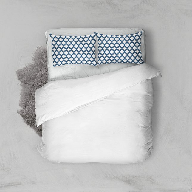White and Navy Blue Trellis, Lattice, Quatrefoil Pillowcase (Creator Uploaded)