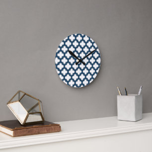 White and Navy Blue Trellis, Lattice, Quatrefoil Round Clock