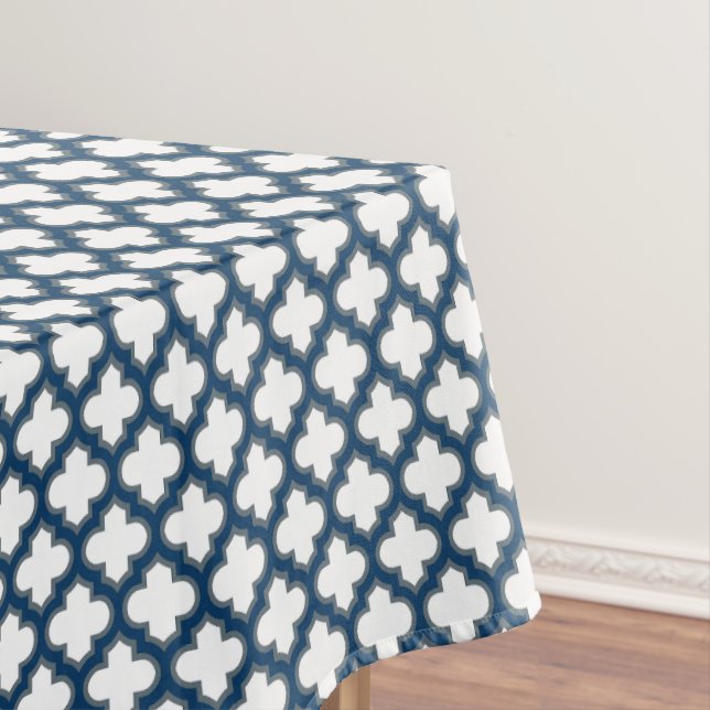 White and Navy Blue Trellis, Lattice, Quatrefoil Tablecloth (In Situ)