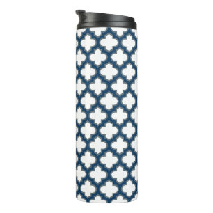 White and Navy Blue Trellis, Lattice, Quatrefoil Thermal Tumbler