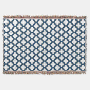 White and Navy Blue Trellis, Lattice, Quatrefoil Throw Blanket