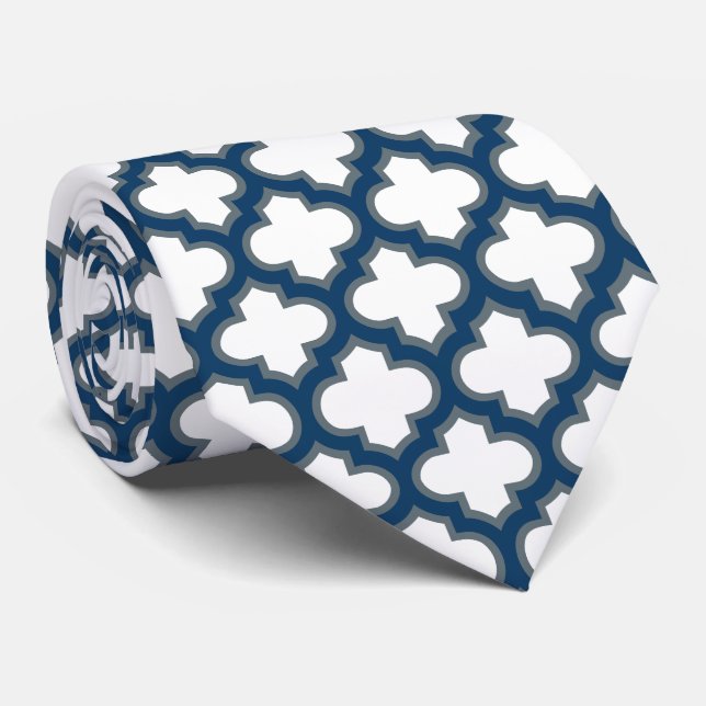 White and Navy Blue Trellis, Lattice, Quatrefoil Tie (Rolled)