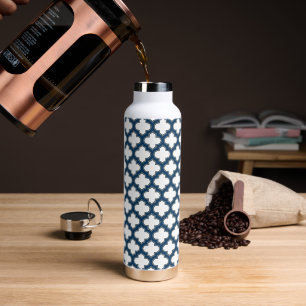 White and Navy Blue Trellis, Lattice, Quatrefoil Water Bottle