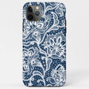 White and navy-blue vintage floral lace iPhone 11 pro max case