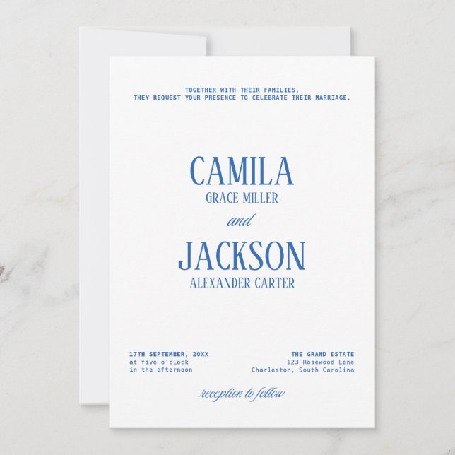 White and Navy Blue Wedding  Invitation (Front)
