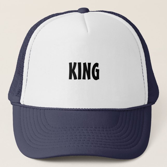 White and Navy Custom KING Statement Accessory Men Trucker Hat (Front)