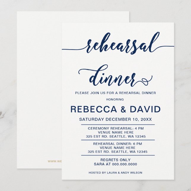 white and Navy Elegant Script Rehearsal Dinner Invitation (Front/Back)