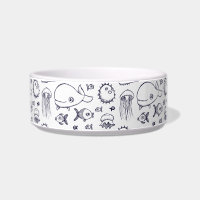 White and Navy Fish Drawing Cat Bowl