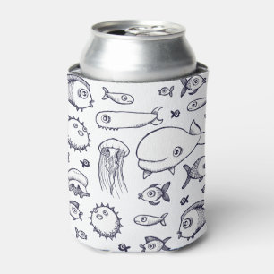 White and Navy Fish Drawing Stubby Holder