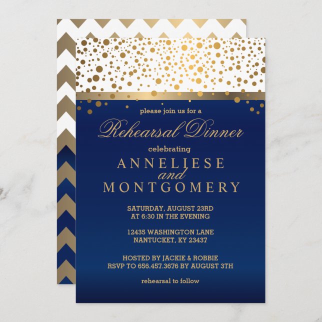 White and Navy, Gold Confetti - Rehearsal Dinner Invitation (Front/Back)