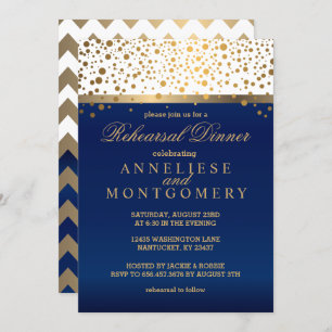 White and Navy, Gold Confetti - Rehearsal Dinner Invitation