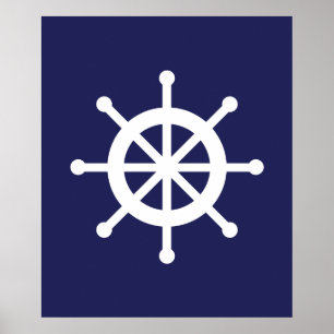 White and Navy Nautical Ship Wheel Poster