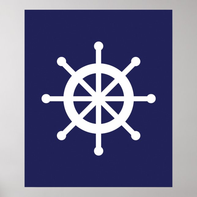 White and Navy Nautical Ship Wheel Poster (Front)