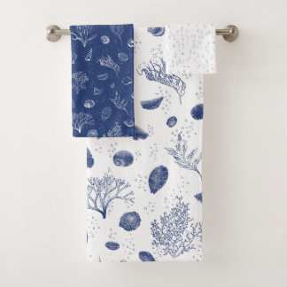 White and navy towel set - seashells and seaweed