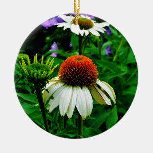 White and Orange ConeFlowers Ceramic Ornament
