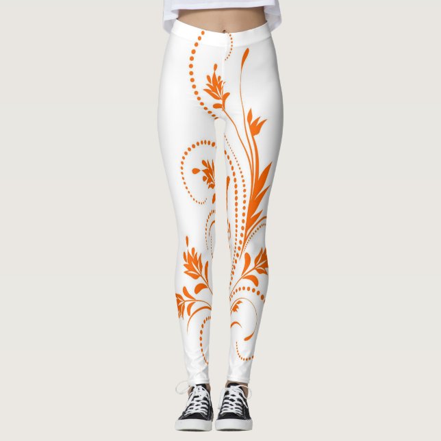 White and Orange Damask Scrollwork Floral Pattern Leggings (Front)