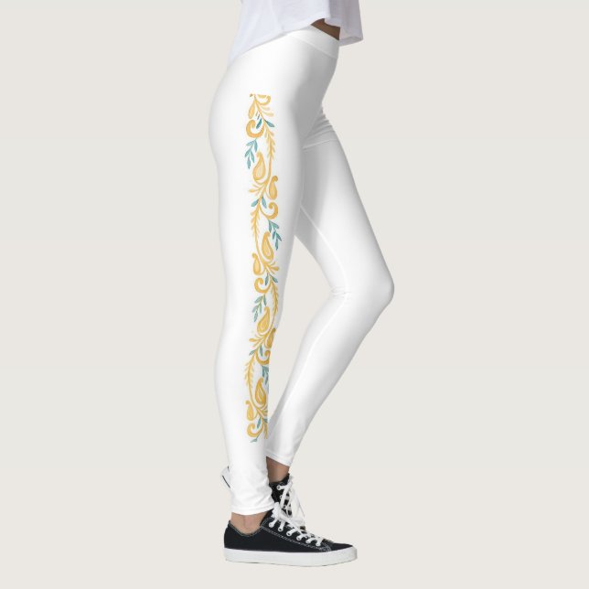 White and Orange Damask Scrollwork Floral Pattern Leggings (Right)