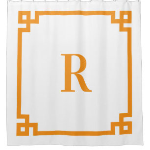 White and Orange Greek Key Simple Monogram Shower Curtain