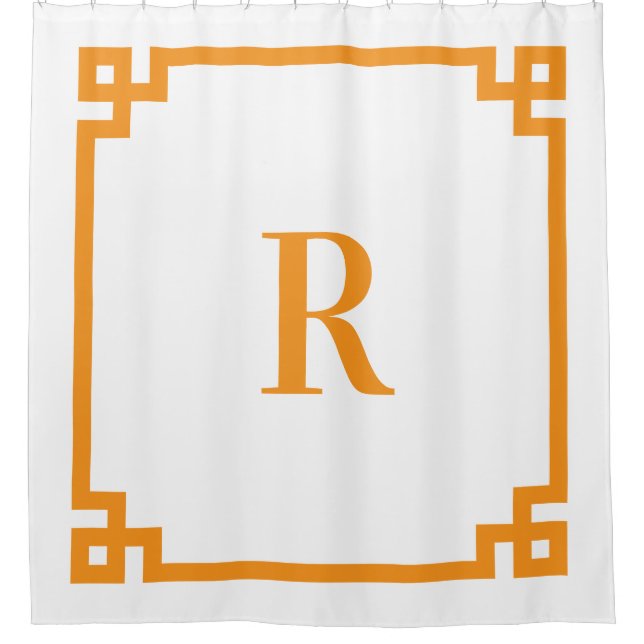 White and Orange Greek Key Simple Monogram Shower Curtain (Front)