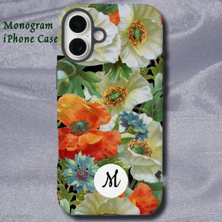 White and Orange Poppies on Black Initial Floral iPhone 16 Plus Case
