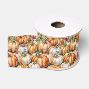 White and Orange Pumpkins Autumn Harvest Grosgrain Ribbon