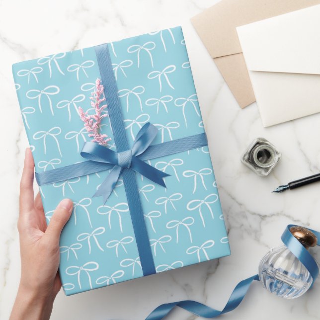 White and Pale Blue Simple Bows Pattern Wrapping Paper (Gifting)