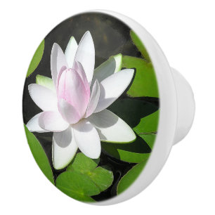 WHITE AND PALE-PINK LOTUS BLOSSOM WITH LILY PADS CERAMIC KNOB