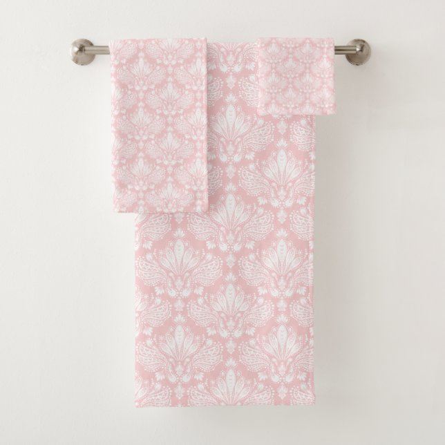White and Pale pink vintage floral damasks pattern Bath Towel Set (Insitu)