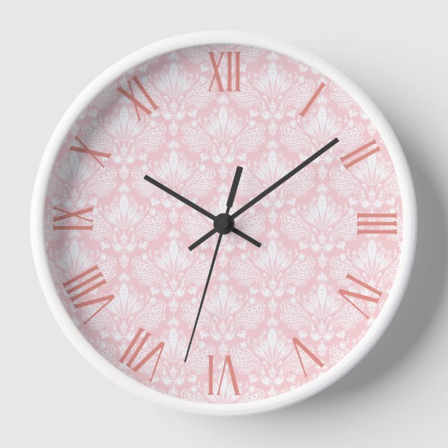 White and Pale pink vintage floral damasks pattern Clock (Front)