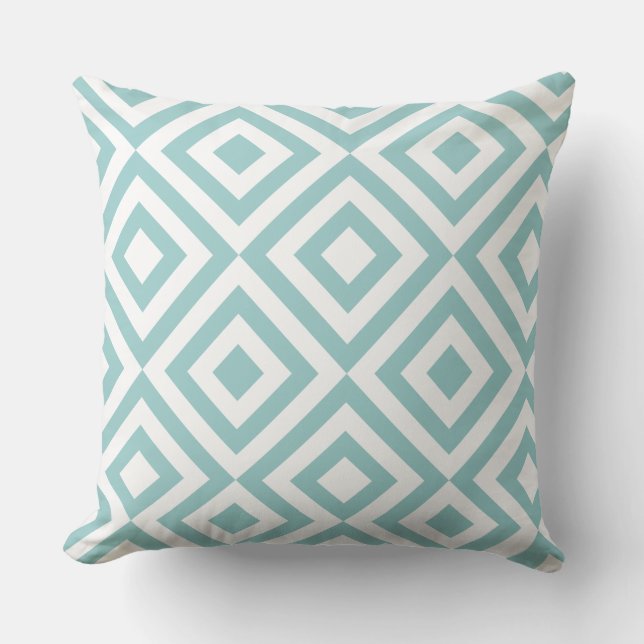 White And Pastel Blue Geometric Squares Pattern Cushion (Front)