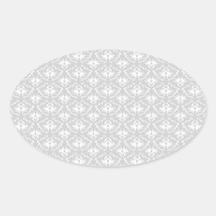 White and Pastel Grey Damask Design. Oval Sticker
