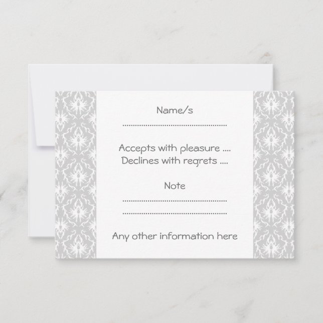White and Pastel Grey Damask Design. RSVP Card (Front)