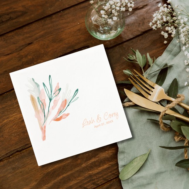 White and Peach Modern Wedding Cocktail Napkin (Creator Uploaded)