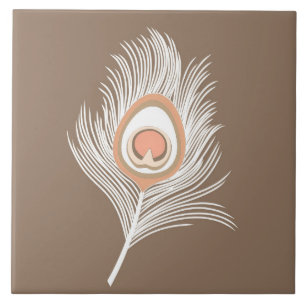 White and Peach Peacock Feather on Taupe Tan Ceramic Tile