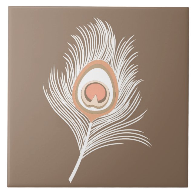 White and Peach Peacock Feather on Taupe Tan Ceramic Tile (Front)