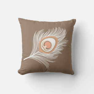 White and Peach Peacock Feather on Taupe Tan Cushion