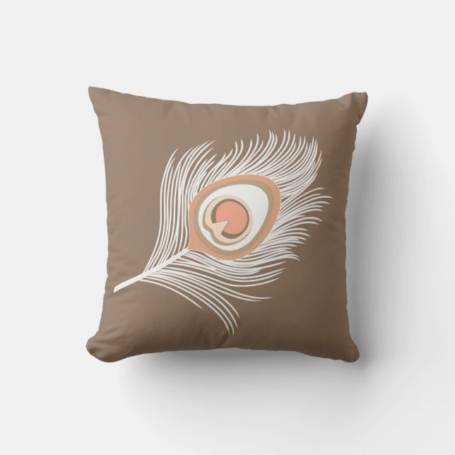White and Peach Peacock Feather on Taupe Tan Cushion (Front)