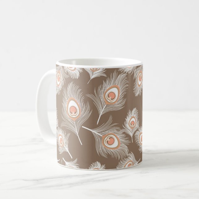 White and Peach Peacock Feathers on Taupe Tan Coffee Mug (Front Left)