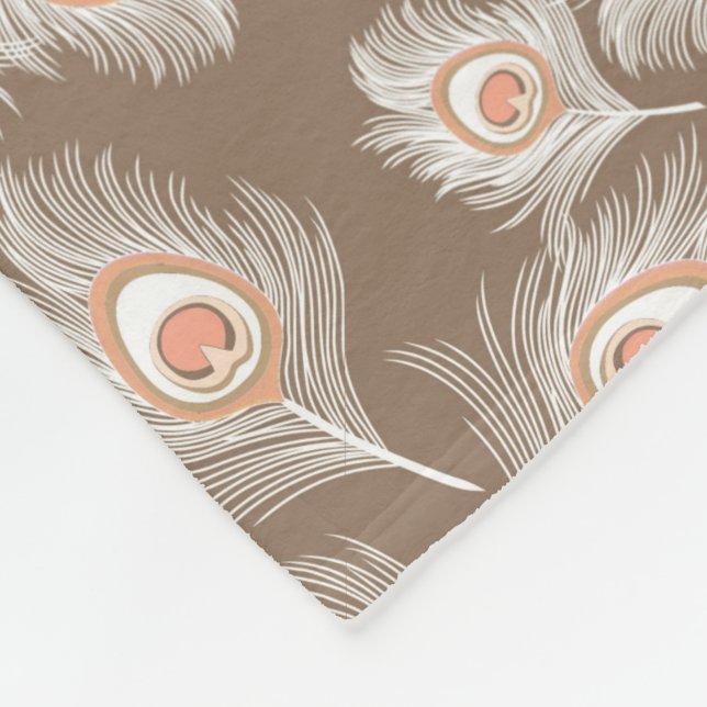 White and Peach Peacock Feathers on Taupe Tan Fleece Blanket (Corner)