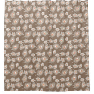 White and Peach Peacock Feathers on Taupe Tan Shower Curtain