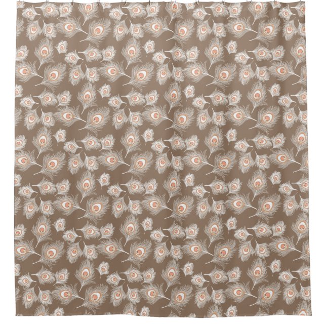 White and Peach Peacock Feathers on Taupe Tan Shower Curtain (Front)