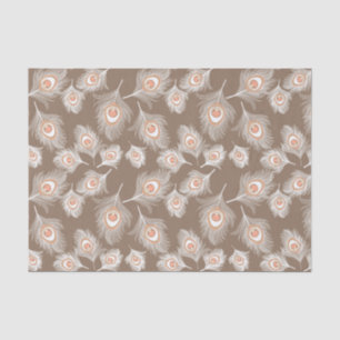 White and Peach Peacock Feathers on Taupe Tan Tissue Paper