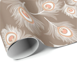 White and Peach Peacock Feathers on Taupe Tan Wrapping Paper