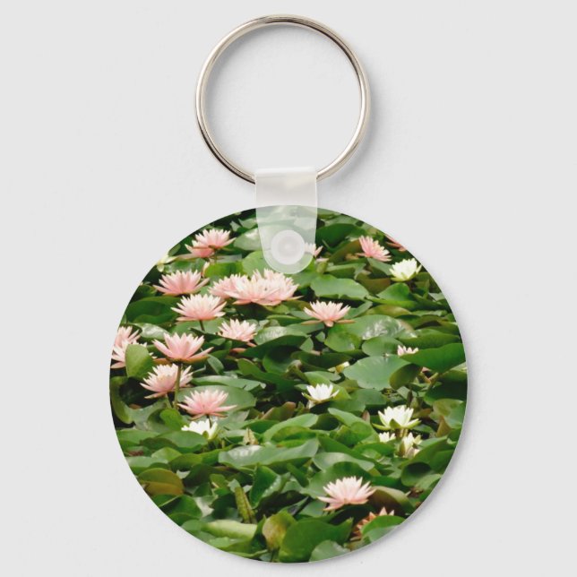 White and Peach Water Lilies in the Pond Key Ring (Front)